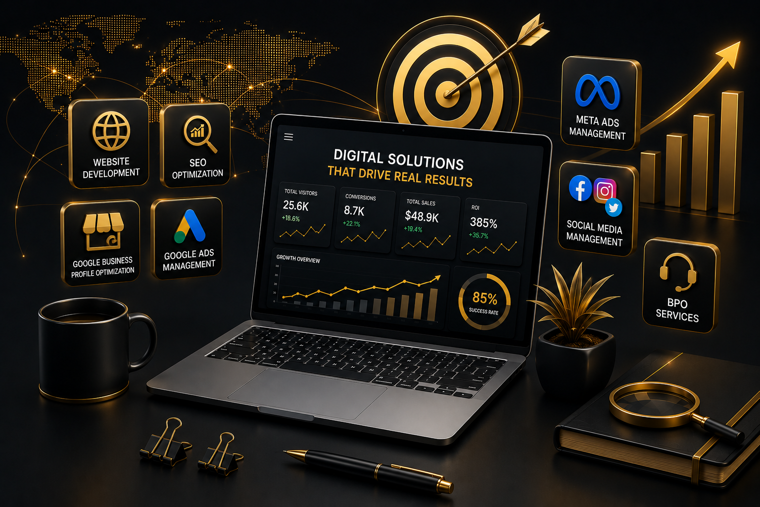 Professional digital marketing, website development, SEO, Google Business Profile Optimization, Google Ads, Meta Ads, Social Media Management and BPO services by GalaxieQ Enterprises.